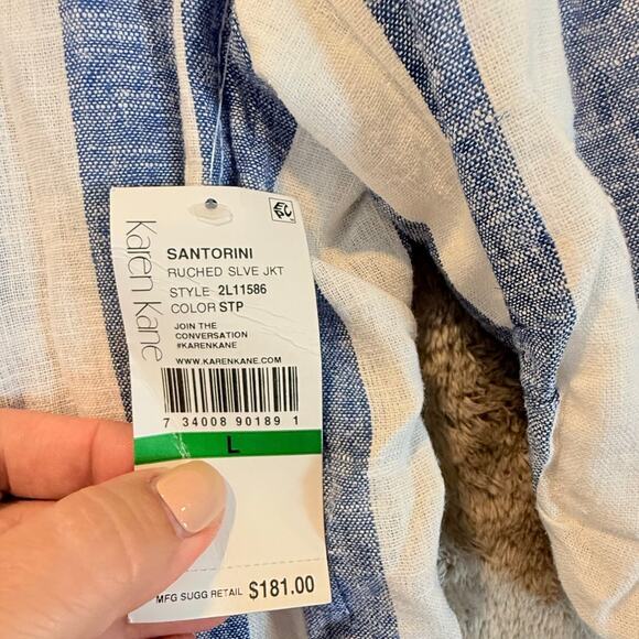 NWT Karen Kane Linen Blue White Stripe Santorini Ruched Sleeve Jacket Blazer L - Picture 9 of 14